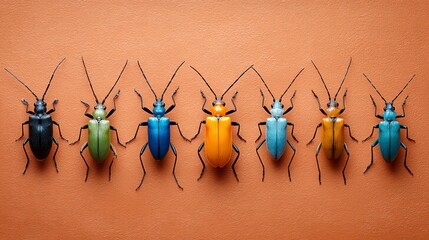 Poster - Six colorful insect illustrations are symmetrically arranged on matte coral-orange paper, creating a vibrant design with room for text