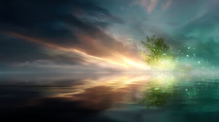 Leinwandbilder - A fantastical tree with bioluminescent leaves stands amidst a serene setting, illuminated by floating orbs under a vibrant, swirling sky at twilight