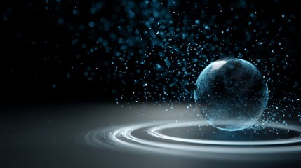 Fototapete - A holographic globe is suspended in space, encircled by luminous data particles, set against a dark starry backdrop with open space for text on the right