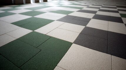 Fototapete - This wide shot illustrates a stylish floor with a green and gray checkered weave pattern, offering a clean and modern aesthetic with ample copy space available