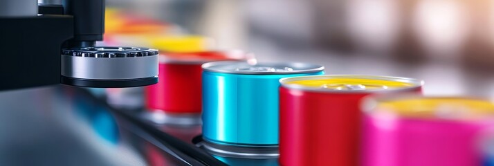 Poster - automated can production line - close-up of colorful cans moving along an automated production line,