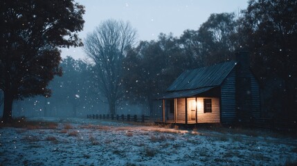 Poster - A rustic cabin emits a warm glow amidst a snowy forest at dusk, with gentle snowflakes falling, creating a cozy, tranquil atmosphere perfect for winter evenings
