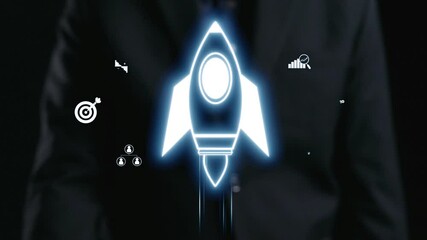 Poster - A businessman in a suit stands against a dark background, with glowing rocket icons representing growth, innovation, and strategic success in the digital landscape. Qubit