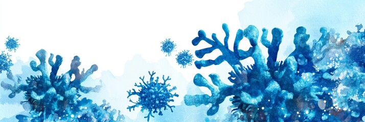 Poster - Blue Cellular Structures Abstract - Microscopic view of abstract blue cellular structures, resembling coral or microscopic organisms, on a white and light blue watercolor background
