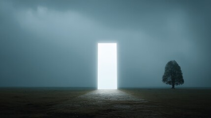 Poster - A luminous portal stretches across the sky above a peaceful terrain, with a solitary tree cast against the dramatic clouds, offering an enchanting view