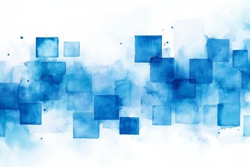 Poster - Blue Square Watercolor Abstract - Abstract watercolor painting, blue squares, soft texture, flowing design, modern art. Symbolizing serenity, creativity, technology, freedom, and growth