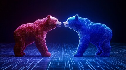 Poster - Bull and Bear Market Confrontation - Two stylized bears, one red and one blue, face each other, symbolizing opposing market forces. art