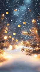Aufkleber - Christmas background with falling snow and glowing lights decorating pine branches