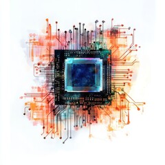 Poster - circuitry watercolor abstract - abstract watercolor painting of a computer microchip, showcasing int