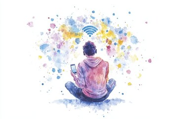 Poster - Connected Mind: Age Embrace - A person sits cross-legged, engrossed in their smartphone, surrounded by a vibrant watercolor depiction of a wireless connection