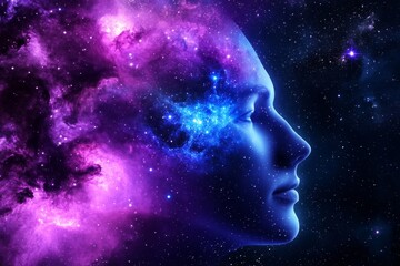 Wall Mural - cosmic mind nebula landscape - a serene cosmic landscape where a nebula resembles a face, symbolizin