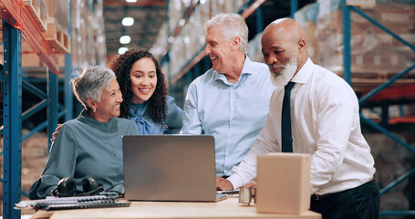 Poster - Supply chain, people and teamwork in warehouse, laptop and online schedule with cooperation. Employees, connection and meeting with internet, stock or distribution for email, industry and inventory