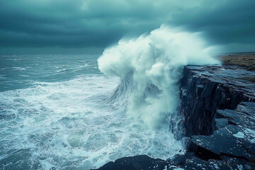  A powerful ocean storm seen from a high cliff edge massive waves crashing against jagged rocks wind whipping through rainsoaked air with ominous storm clouds rolling in from the hor