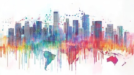 Poster - Global Cityscape Watercolor Art - Vibrant watercolor painting of a city skyline merging with a world map, symbolizing global connection and urban life