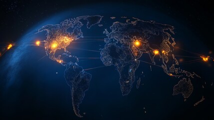 Poster - Global Network Connections - Illuminated world map showcasing interconnectedness via glowing lines, representing global communication and data transfer