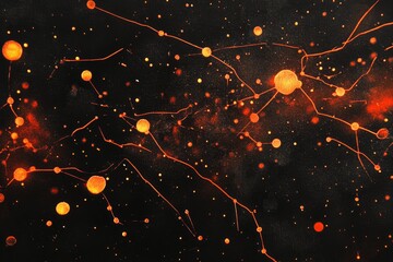 Poster - Glowing Orange Network Lines Watercolor Abstract - Abstract artwork depicting a network of glowing orange lines and dots on a dark background. Symbolizing connection, energy, innovation, growth