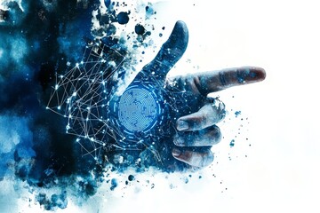 Poster - hand pointing - abstract of a hand with a fingerprint, pointing towards the , set against a blue wat