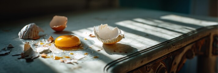 Poster - Sunbeam Lighting up a Vintage Table With a Broken Shell and Vibrant Yolk in the Afternoon Glow Generative AI