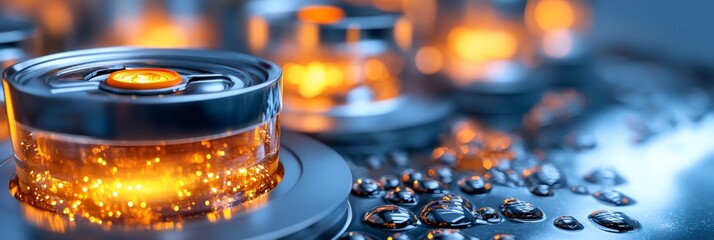Poster - Illuminated Industrial Components - Close-up of glowing metallic containers with water droplets, suggesting advanced technology or manufacturing