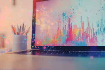 Poster - Laptop Displaying Abstract Data Visualization - Close-up of a laptop screen showcasing a vibrant abstract data visualization, colorful and artistic