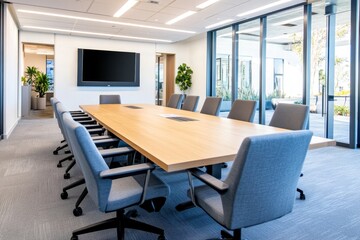 Poster - Modern Conference Room Design - Modern meeting space, collaboration, innovation, light wood table, professional setting. Symbolizing teamwork, progress, communication, success, and growth