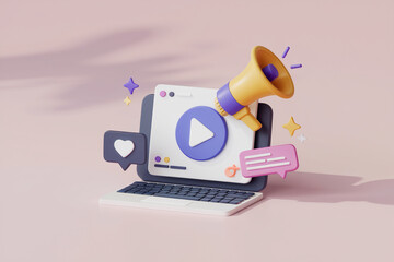 Aufkleber - Laptop screen with play button, megaphone, speech bubbles, and heart icon, illustrating online video promotion and social media engagement