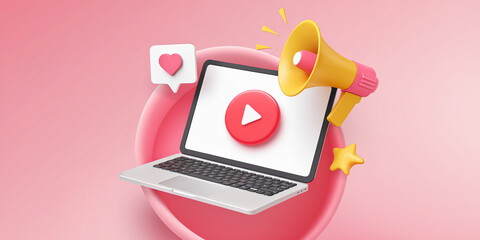 Aufkleber - Laptop with play button, megaphone, heart, and star on pink background, symbolizing online video promotion and social media marketing for Valentine's Day