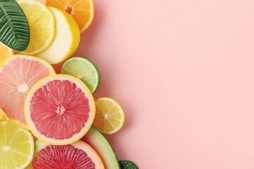 Aufkleber - Sliced Tropical Fruits Arranged Artistically on a Soft Pastel Background for a Refreshing and Vibrant Presentation Generative AI
