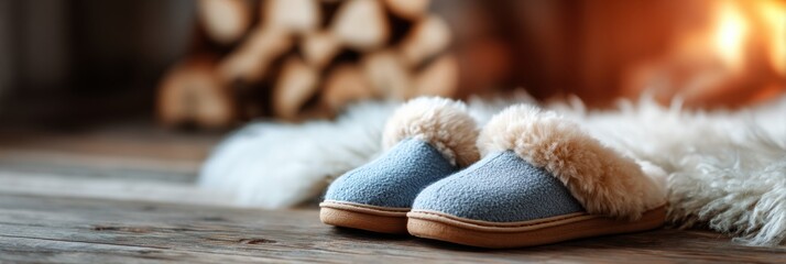 Poster - Cozy Warm Slippers Resting on Soft Wool Rug Near a Crackling Fireplace With Logs Stacked in the Background Generative AI