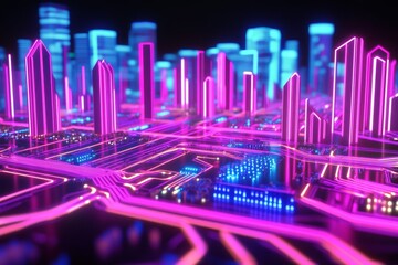 Poster - Neon Cityscape Circuit Board - Futuristic city built on a circuit board, symbolizing technology, innovation, progress, connection, and the future