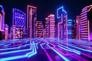 Poster - Neon Cityscape on Circuit Board - Futuristic city, technology, innovation, , progress. Symbolizing a technologically advanced urban environment