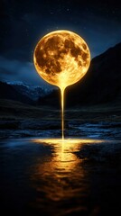Wall Mural - a large yellow moon is pouring out of the water