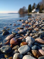 Fototapete - Smooth, Sun-Warmed Pebbles Lining the Serene Lakeside Near Lush Trees on a Clear, Calm Day Generative AI