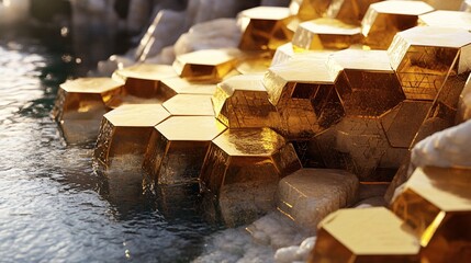 Aufkleber - Golden hexagonal shapes forming an abstract waterfall structure