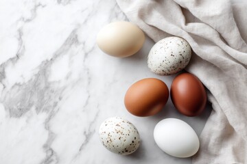 Leinwandbilder - Modern Food Styling of Six Beautifully Arranged Eggs on a Marble Surface With Soft Fabric Accents Generative AI
