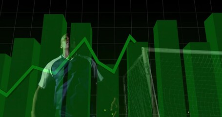 Poster - male soccer player heading ball on dark grid, showcasing sports analytics data with green 3D charts