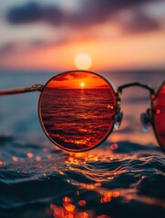 Poster - View of a Sunset Reflected in Sunglasses Overlooking the Peaceful Ocean Horizon During Golden Hour Generative AI