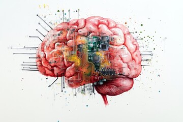 Poster - the mind - a captivating illustration merging a human brain with circuit board elements, symbolizing