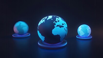 Poster - Three glowing globes representing the Earth, set on illuminated circular platforms