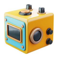 Poster - Playful, stylized cube-shaped device with control panels.