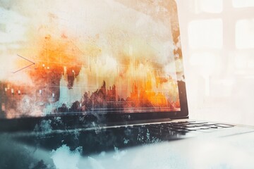 Poster - Watercolor Laptop Forex Market Analysis - Abstract watercolor painting of a laptop screen displaying forex market data, symbolizing finance, technology, investment, global market, and data analysis