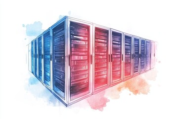 Poster - watercolor server racks network security - network infrastructure, data security, server farm, cloud