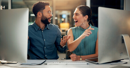 Poster - Night, surprise or business people in office, computer or online magazine with copywriting. Employees, cooperation or journalist with shock, evening or pc with email, website info or editing approval