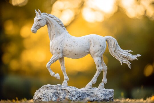 A graceful equine statue in a sunlit outdoor setting.