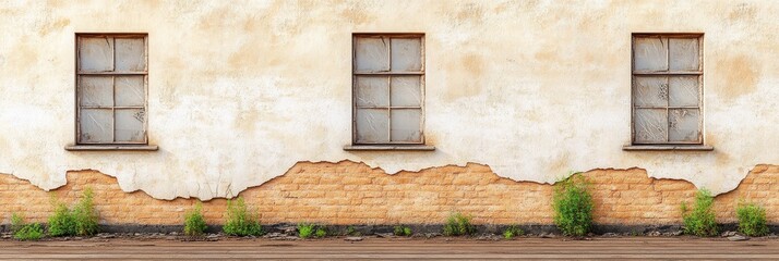 Poster - Weathered Wall with Three Windows - Abandoned building, aged wall texture, three weathered windows, exposed brick, overgrown vegetation. Symbolizes decay, time, neglect, resilience, and history