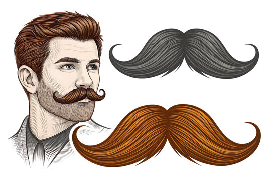 Realistic moustaches on isolated png background. Black and brown mustache facial hair style, barbershop gentleman hipster fashion, fathers day decorative elements white background Ai generate