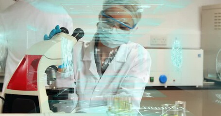 Poster - female scientist using microscope in science lab, showcasing holographic data overlays, test tubes