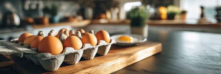 Fototapete - Breakfast Preparation at a Kitchen Table With a Cutting Board, Fresh Eggs, and Morning Light Filtering Through the Window Generative AI