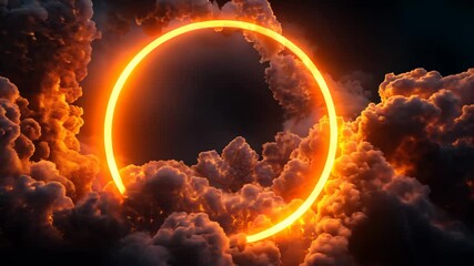 Wall Mural - cloud formation illuminated with orange and yellow fluorescent light. dark environment with circle s