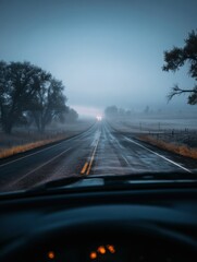 Aufkleber - Foggy Road at Dawn Viewed From a Windshield, Revealing a Serene yet Mysterious Atmosphere With Light in the Distance Generative AI